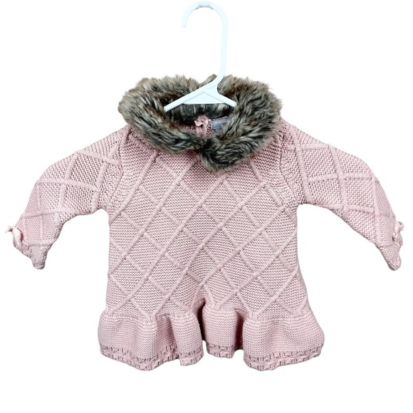Tahari Baby Pink Faux Fur Neck Trim Sweater Size 3-6 Months - Picture 1 of 8